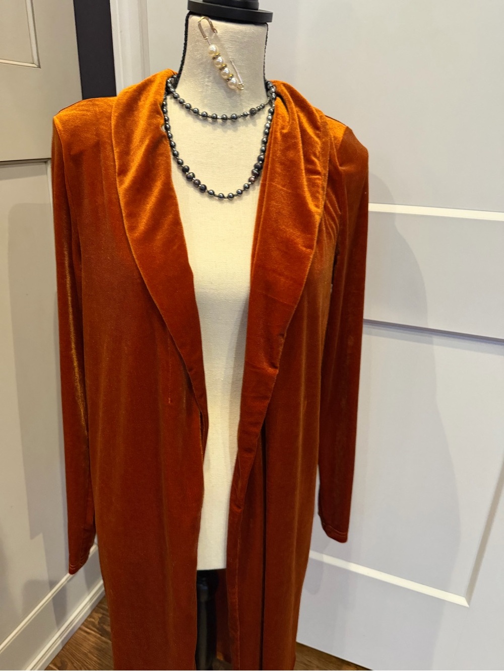 Rust Velvet Long Open Front Duster Cardigan